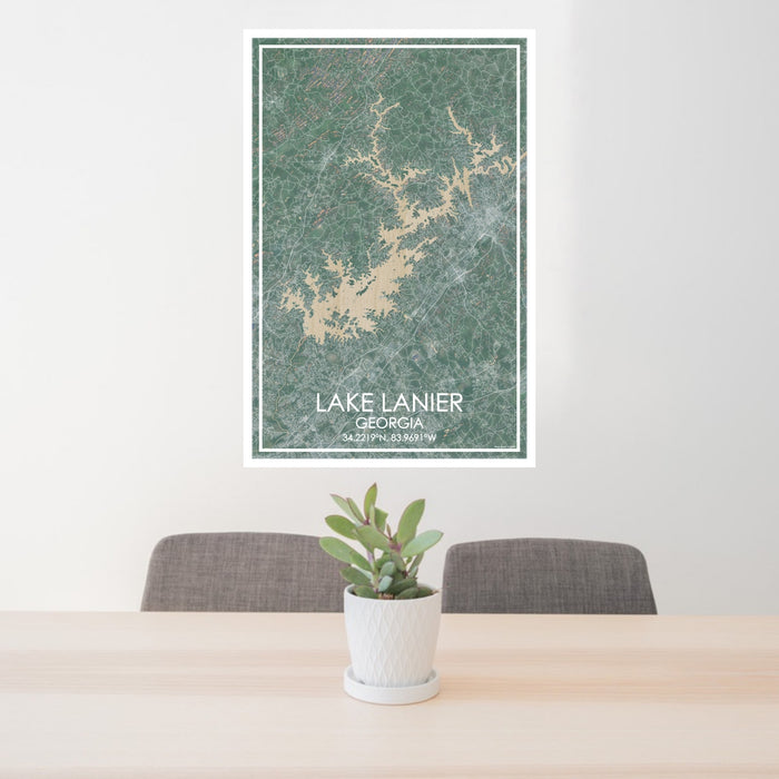 24x36 Lake Lanier Georgia Map Print Portrait Orientation in Afternoon Style Behind 2 Chairs Table and Potted Plant