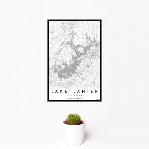 12x18 Lake Lanier Georgia Map Print Portrait Orientation in Classic Style With Small Cactus Plant in White Planter