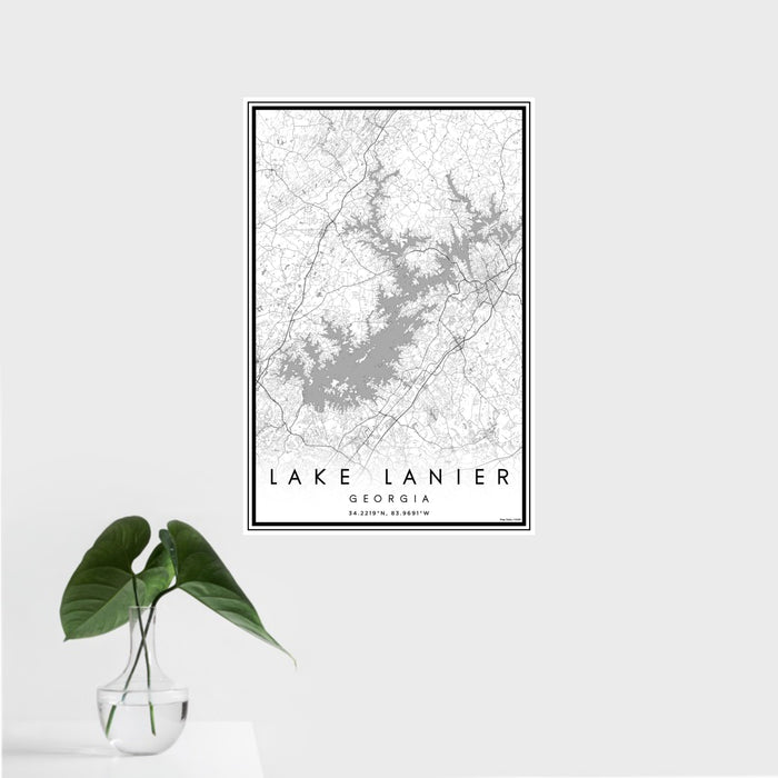 16x24 Lake Lanier Georgia Map Print Portrait Orientation in Classic Style With Tropical Plant Leaves in Water