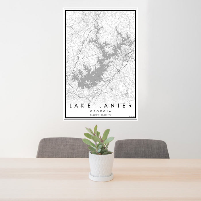 24x36 Lake Lanier Georgia Map Print Portrait Orientation in Classic Style Behind 2 Chairs Table and Potted Plant