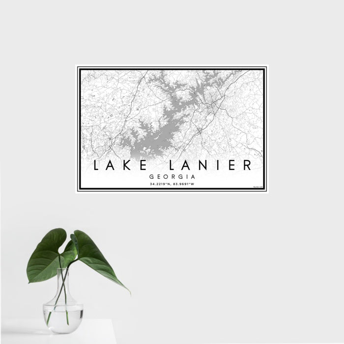 16x24 Lake Lanier Georgia Map Print Landscape Orientation in Classic Style With Tropical Plant Leaves in Water