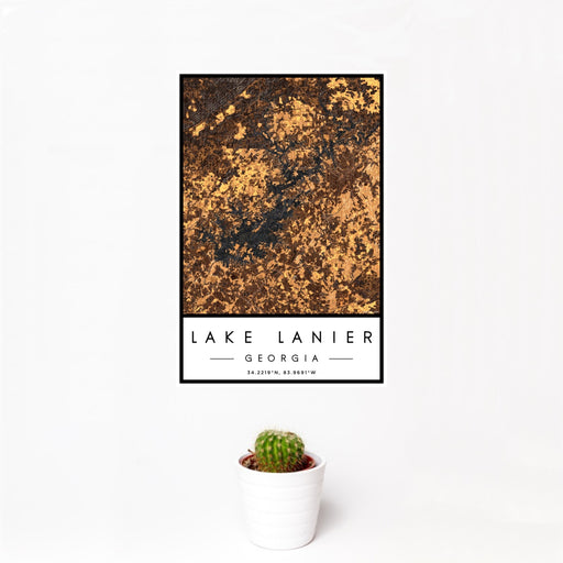 12x18 Lake Lanier Georgia Map Print Portrait Orientation in Ember Style With Small Cactus Plant in White Planter