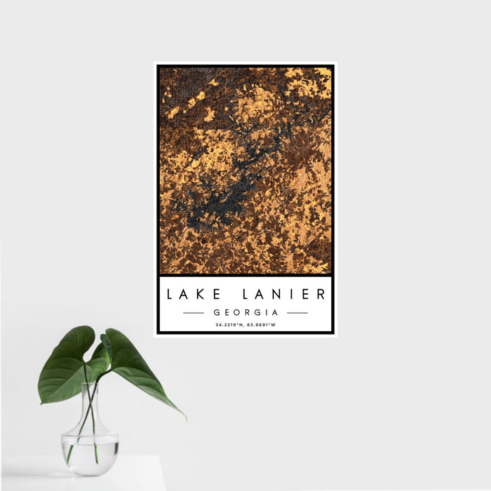 16x24 Lake Lanier Georgia Map Print Portrait Orientation in Ember Style With Tropical Plant Leaves in Water