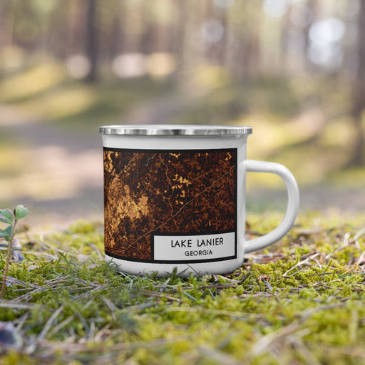 Right View Custom Lake Lanier Georgia Map Enamel Mug in Ember on Grass With Trees in Background