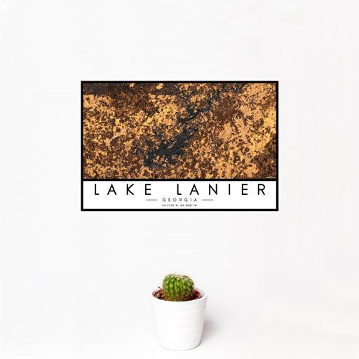12x18 Lake Lanier Georgia Map Print Landscape Orientation in Ember Style With Small Cactus Plant in White Planter