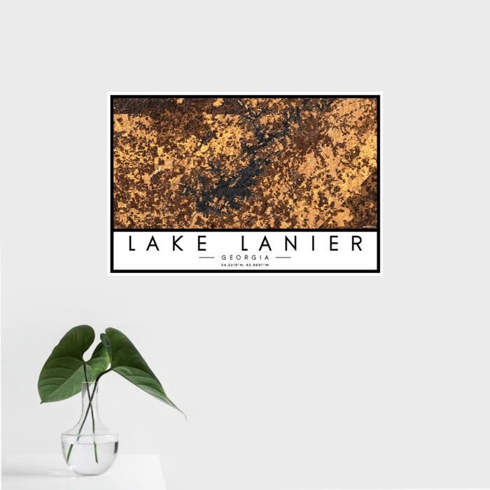 16x24 Lake Lanier Georgia Map Print Landscape Orientation in Ember Style With Tropical Plant Leaves in Water