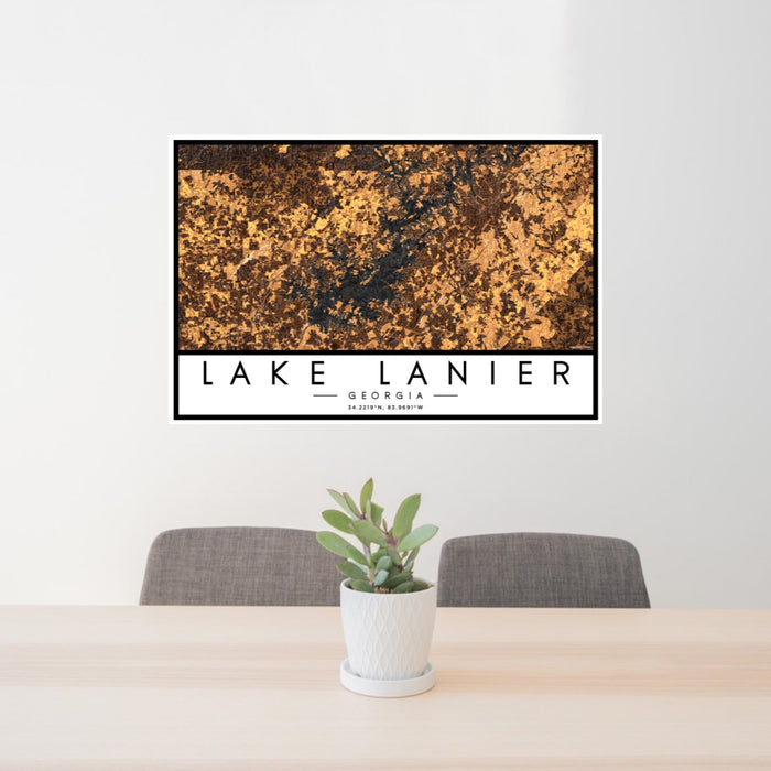 24x36 Lake Lanier Georgia Map Print Landscape Orientation in Ember Style Behind 2 Chairs Table and Potted Plant