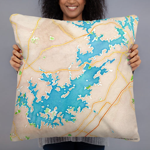 Person holding 22x22 Custom Lake Lanier Georgia Map Throw Pillow in Watercolor