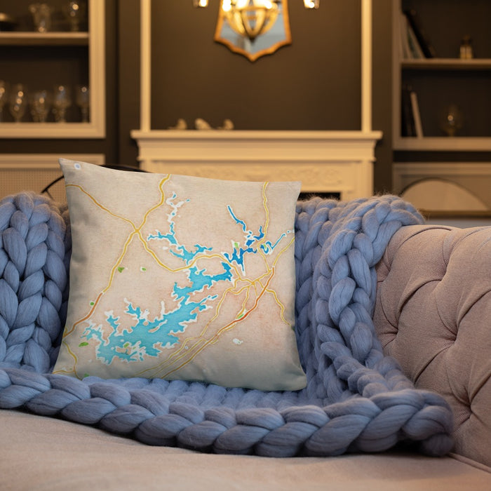 Custom Lake Lanier Georgia Map Throw Pillow in Watercolor on Cream Colored Couch