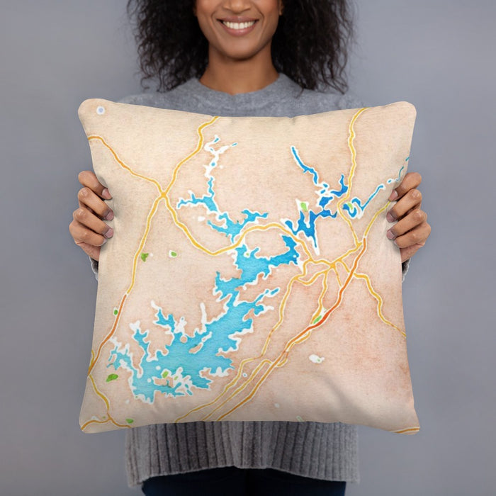 Person holding 18x18 Custom Lake Lanier Georgia Map Throw Pillow in Watercolor
