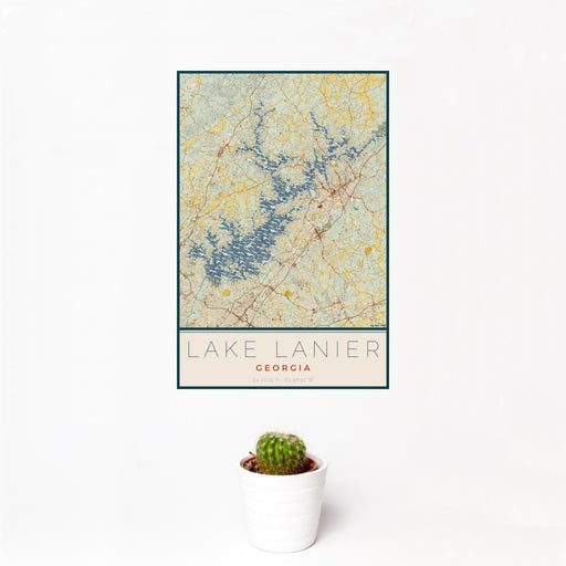 12x18 Lake Lanier Georgia Map Print Portrait Orientation in Woodblock Style With Small Cactus Plant in White Planter