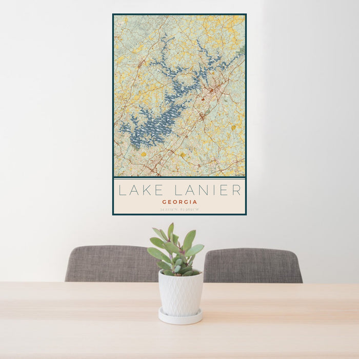 24x36 Lake Lanier Georgia Map Print Portrait Orientation in Woodblock Style Behind 2 Chairs Table and Potted Plant
