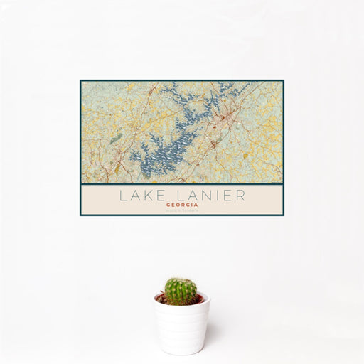 12x18 Lake Lanier Georgia Map Print Landscape Orientation in Woodblock Style With Small Cactus Plant in White Planter