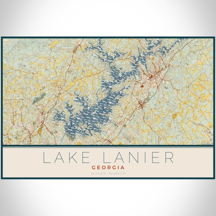 Lake Lanier Georgia Map Print Landscape Orientation in Woodblock Style With Shaded Background