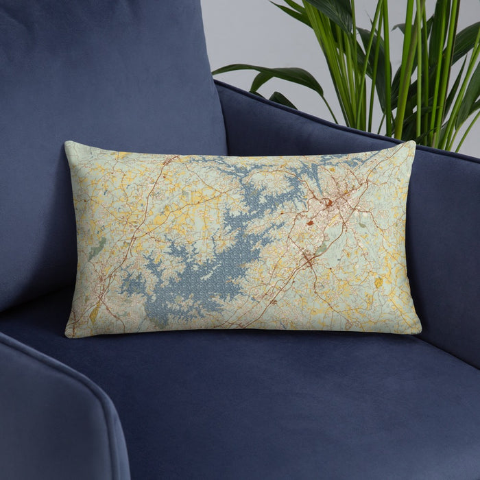 Custom Lake Lanier Georgia Map Throw Pillow in Woodblock on Blue Colored Chair