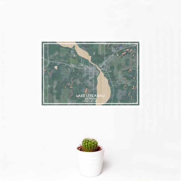 12x18 Lake Leelanau Michigan Map Print Landscape Orientation in Afternoon Style With Small Cactus Plant in White Planter