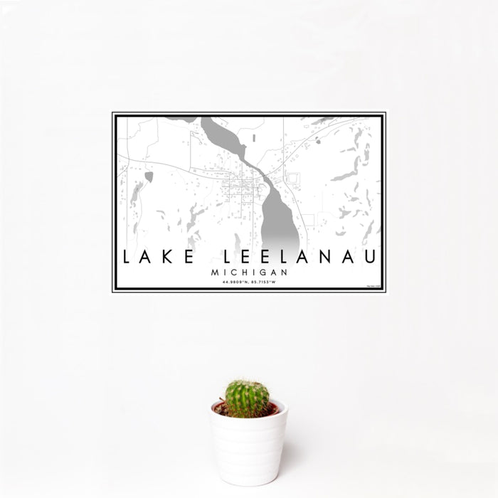 12x18 Lake Leelanau Michigan Map Print Landscape Orientation in Classic Style With Small Cactus Plant in White Planter