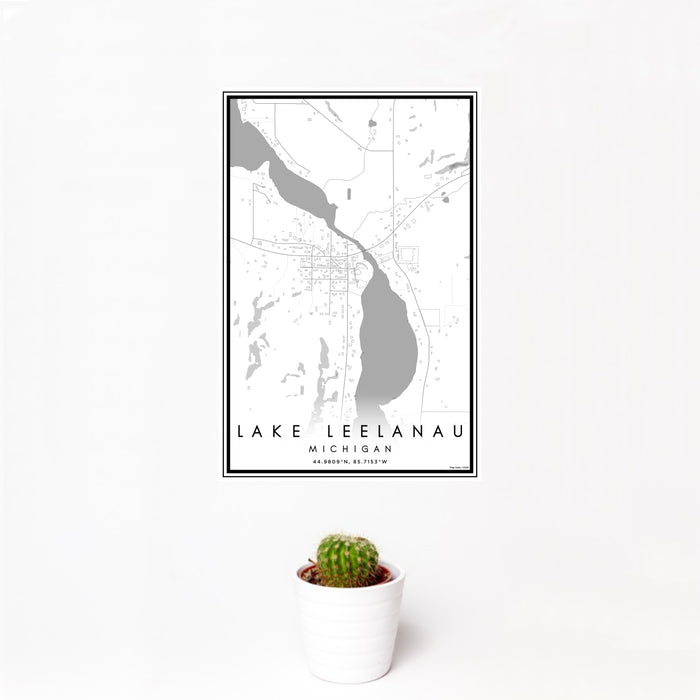 12x18 Lake Leelanau Michigan Map Print Portrait Orientation in Classic Style With Small Cactus Plant in White Planter