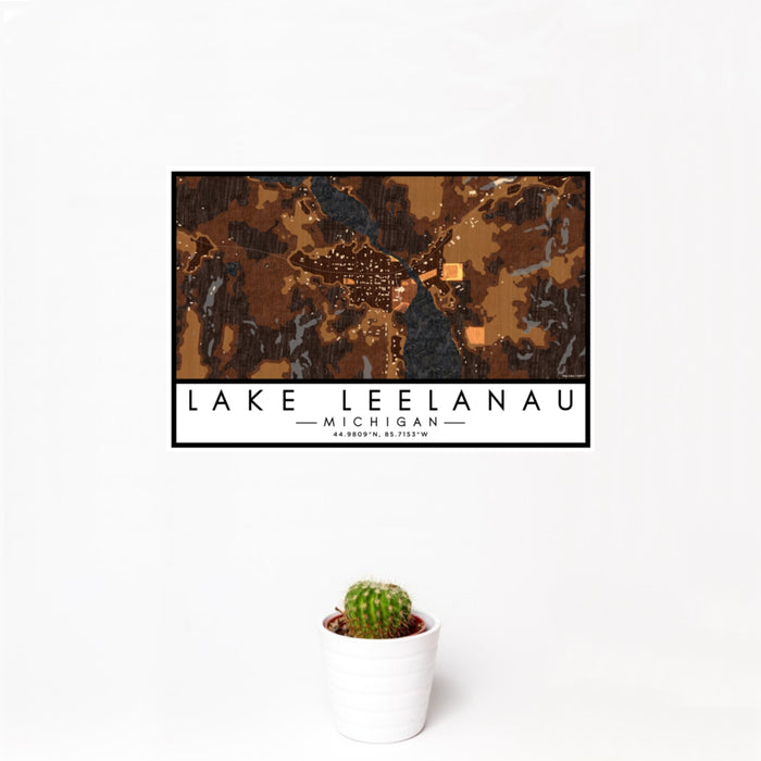 12x18 Lake Leelanau Michigan Map Print Landscape Orientation in Ember Style With Small Cactus Plant in White Planter