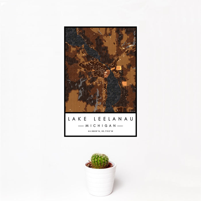12x18 Lake Leelanau Michigan Map Print Portrait Orientation in Ember Style With Small Cactus Plant in White Planter