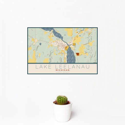 12x18 Lake Leelanau Michigan Map Print Landscape Orientation in Woodblock Style With Small Cactus Plant in White Planter