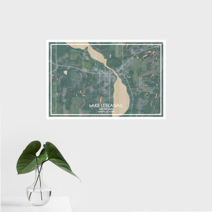 16x24 Lake Leelanau Michigan Map Print Landscape Orientation in Afternoon Style With Tropical Plant Leaves in Water