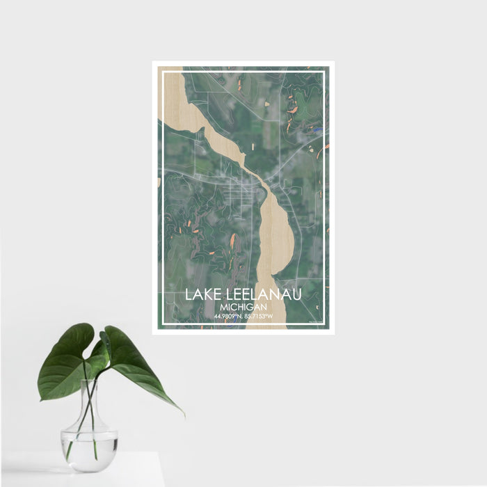 16x24 Lake Leelanau Michigan Map Print Portrait Orientation in Afternoon Style With Tropical Plant Leaves in Water