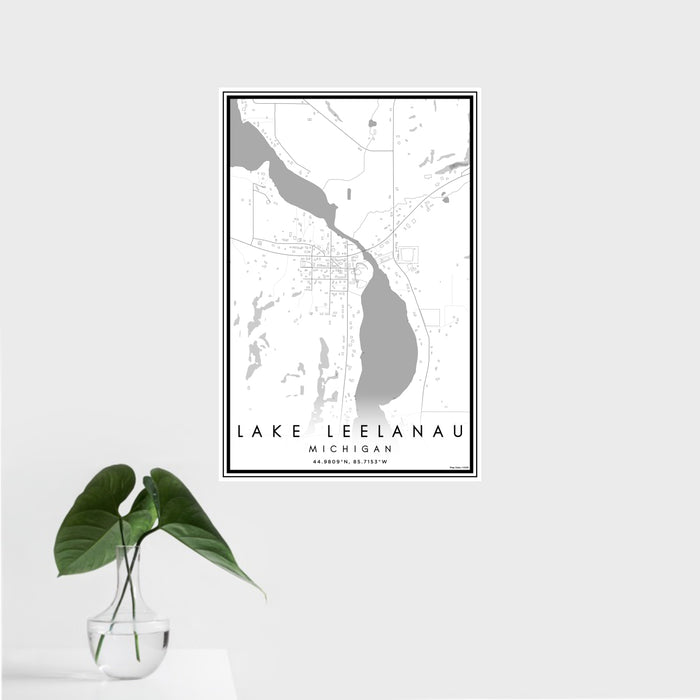 16x24 Lake Leelanau Michigan Map Print Portrait Orientation in Classic Style With Tropical Plant Leaves in Water