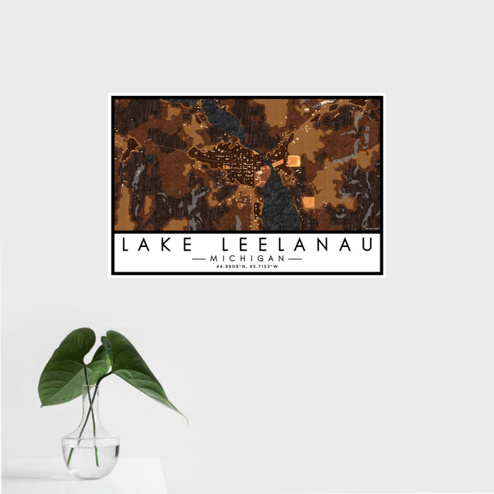 16x24 Lake Leelanau Michigan Map Print Landscape Orientation in Ember Style With Tropical Plant Leaves in Water