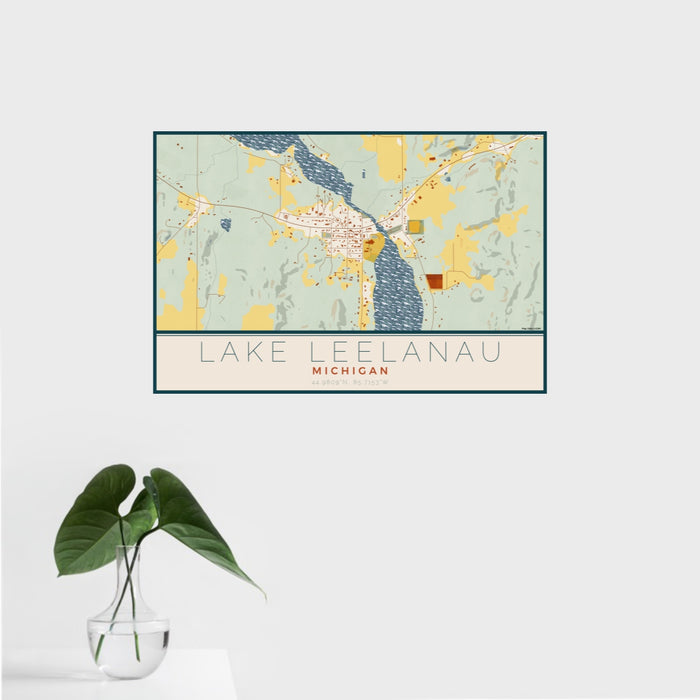 16x24 Lake Leelanau Michigan Map Print Landscape Orientation in Woodblock Style With Tropical Plant Leaves in Water
