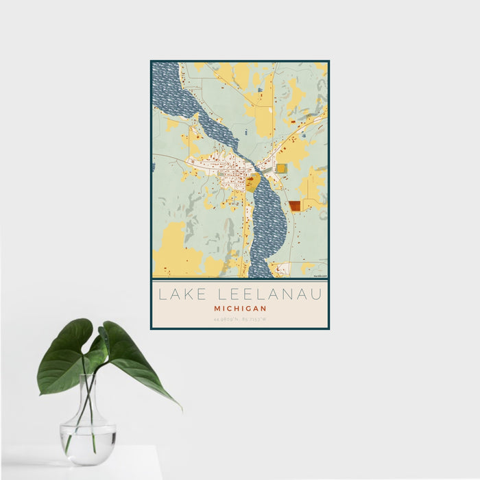 16x24 Lake Leelanau Michigan Map Print Portrait Orientation in Woodblock Style With Tropical Plant Leaves in Water