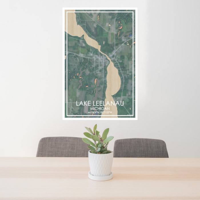 24x36 Lake Leelanau Michigan Map Print Portrait Orientation in Afternoon Style Behind 2 Chairs Table and Potted Plant