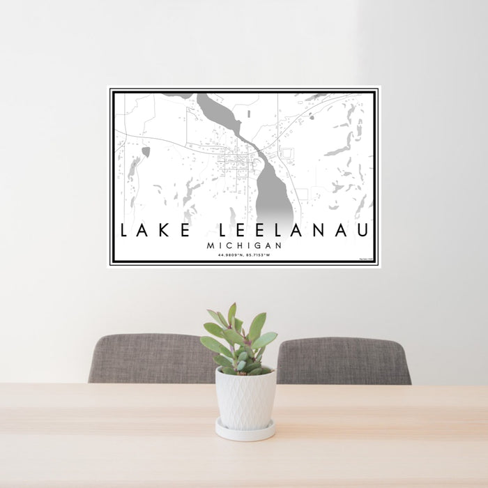 24x36 Lake Leelanau Michigan Map Print Lanscape Orientation in Classic Style Behind 2 Chairs Table and Potted Plant