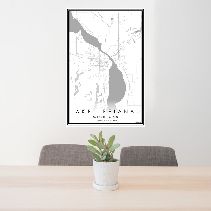 24x36 Lake Leelanau Michigan Map Print Portrait Orientation in Classic Style Behind 2 Chairs Table and Potted Plant