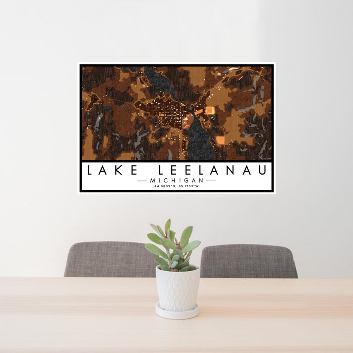 24x36 Lake Leelanau Michigan Map Print Lanscape Orientation in Ember Style Behind 2 Chairs Table and Potted Plant
