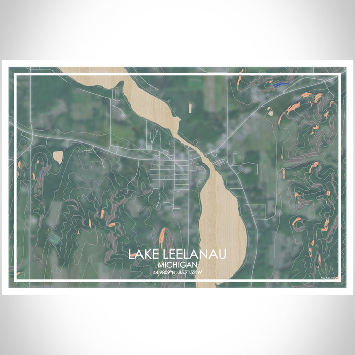 Lake Leelanau Michigan Map Print Landscape Orientation in Afternoon Style With Shaded Background