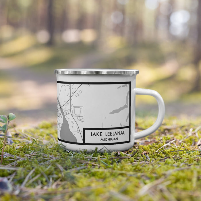 Right View Custom Lake Leelanau Michigan Map Enamel Mug in Classic on Grass With Trees in Background
