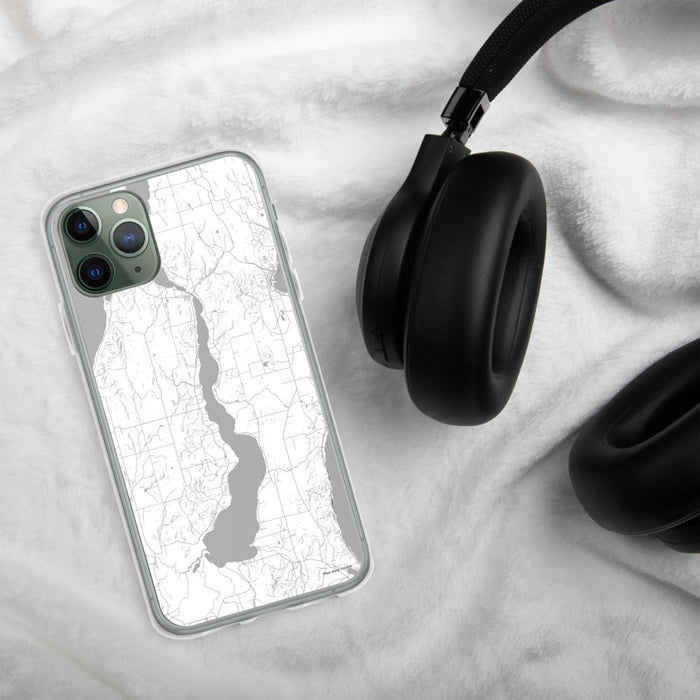 Custom Lake Leelanau Michigan Map Phone Case in Classic on Table with Black Headphones