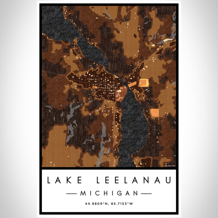 Lake Leelanau Michigan Map Print Portrait Orientation in Ember Style With Shaded Background