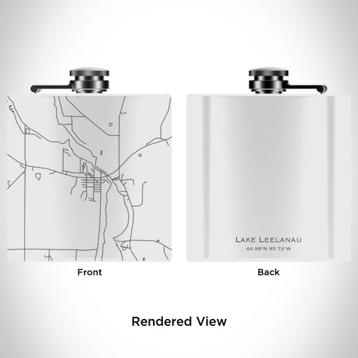 Rendered View of Lake Leelanau Michigan Map Engraving on 6oz Stainless Steel Flask in White