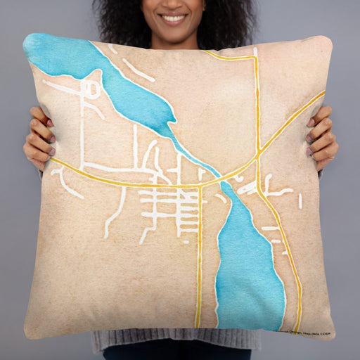 Person holding 22x22 Custom Lake Leelanau Michigan Map Throw Pillow in Watercolor