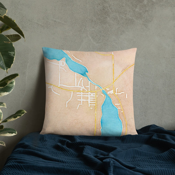 Custom Lake Leelanau Michigan Map Throw Pillow in Watercolor on Bedding Against Wall