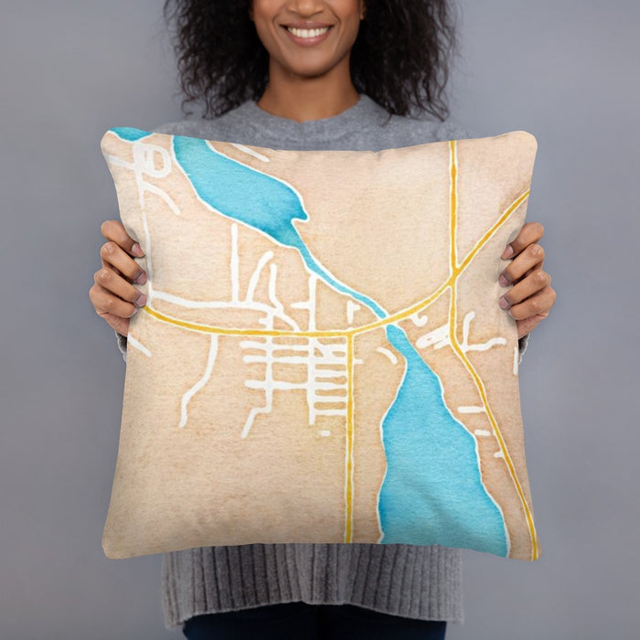 Person holding 18x18 Custom Lake Leelanau Michigan Map Throw Pillow in Watercolor