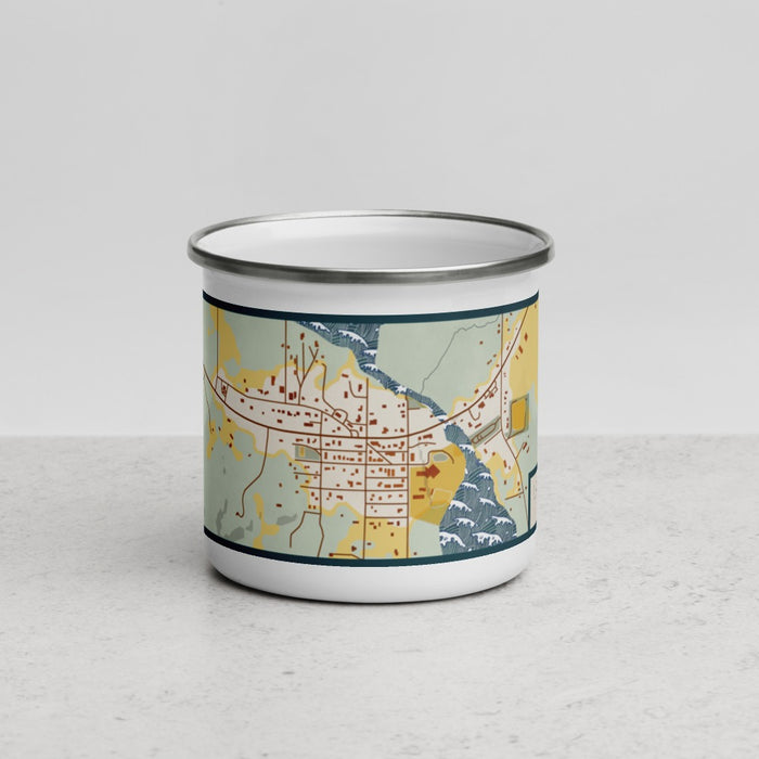 Front View Custom Lake Leelanau Michigan Map Enamel Mug in Woodblock