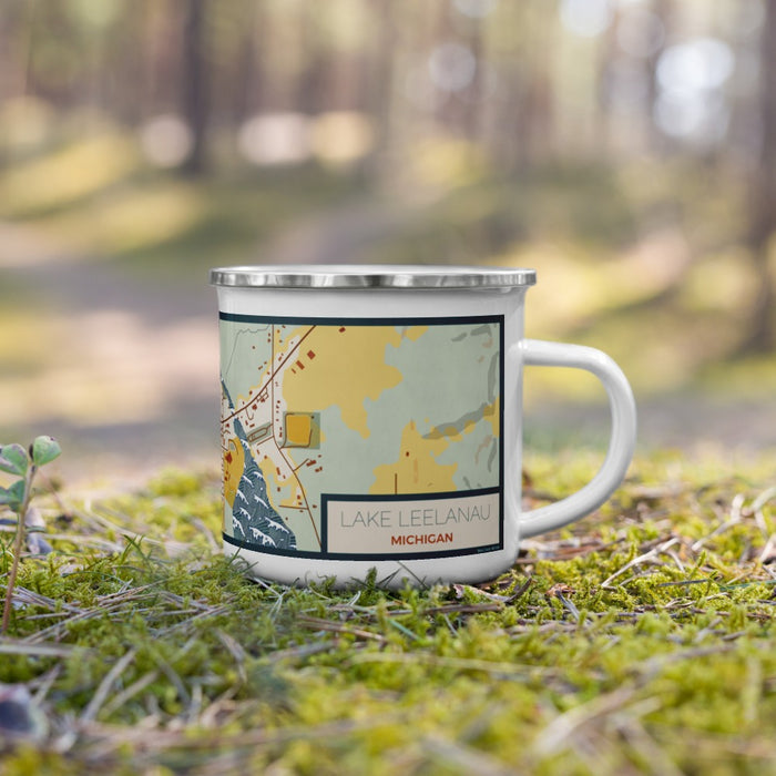 Right View Custom Lake Leelanau Michigan Map Enamel Mug in Woodblock on Grass With Trees in Background