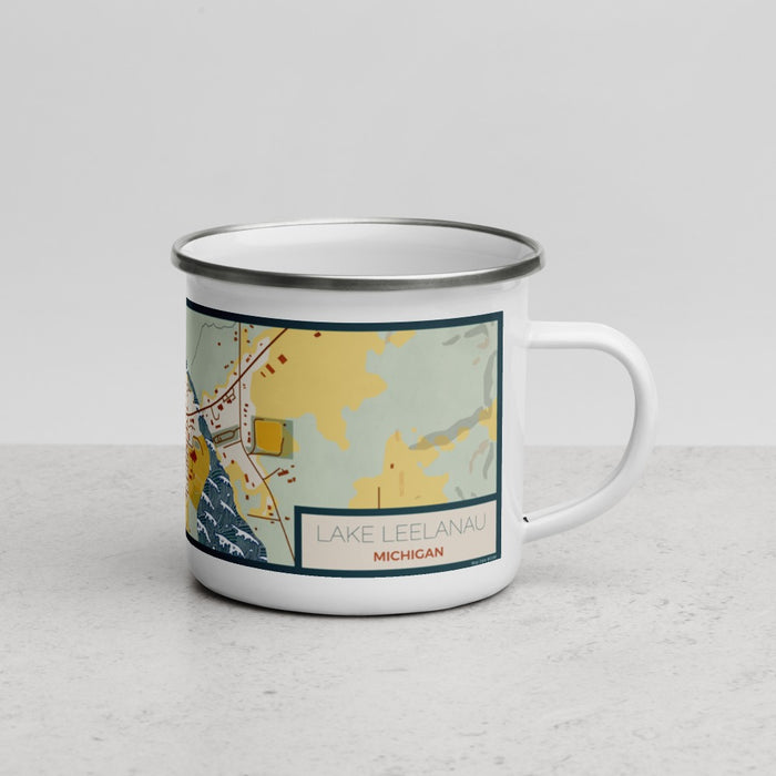 Right View Custom Lake Leelanau Michigan Map Enamel Mug in Woodblock