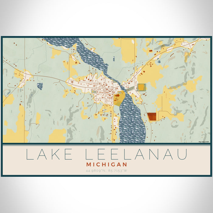 Lake Leelanau Michigan Map Print Landscape Orientation in Woodblock Style With Shaded Background
