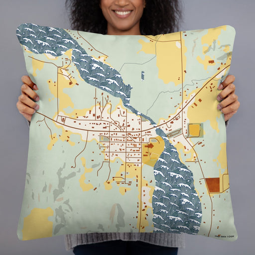 Person holding 22x22 Custom Lake Leelanau Michigan Map Throw Pillow in Woodblock