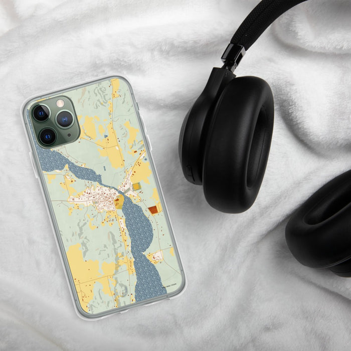 Custom Lake Leelanau Michigan Map Phone Case in Woodblock on Table with Black Headphones