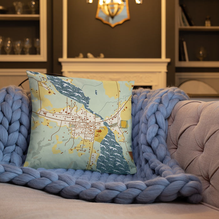 Custom Lake Leelanau Michigan Map Throw Pillow in Woodblock on Cream Colored Couch